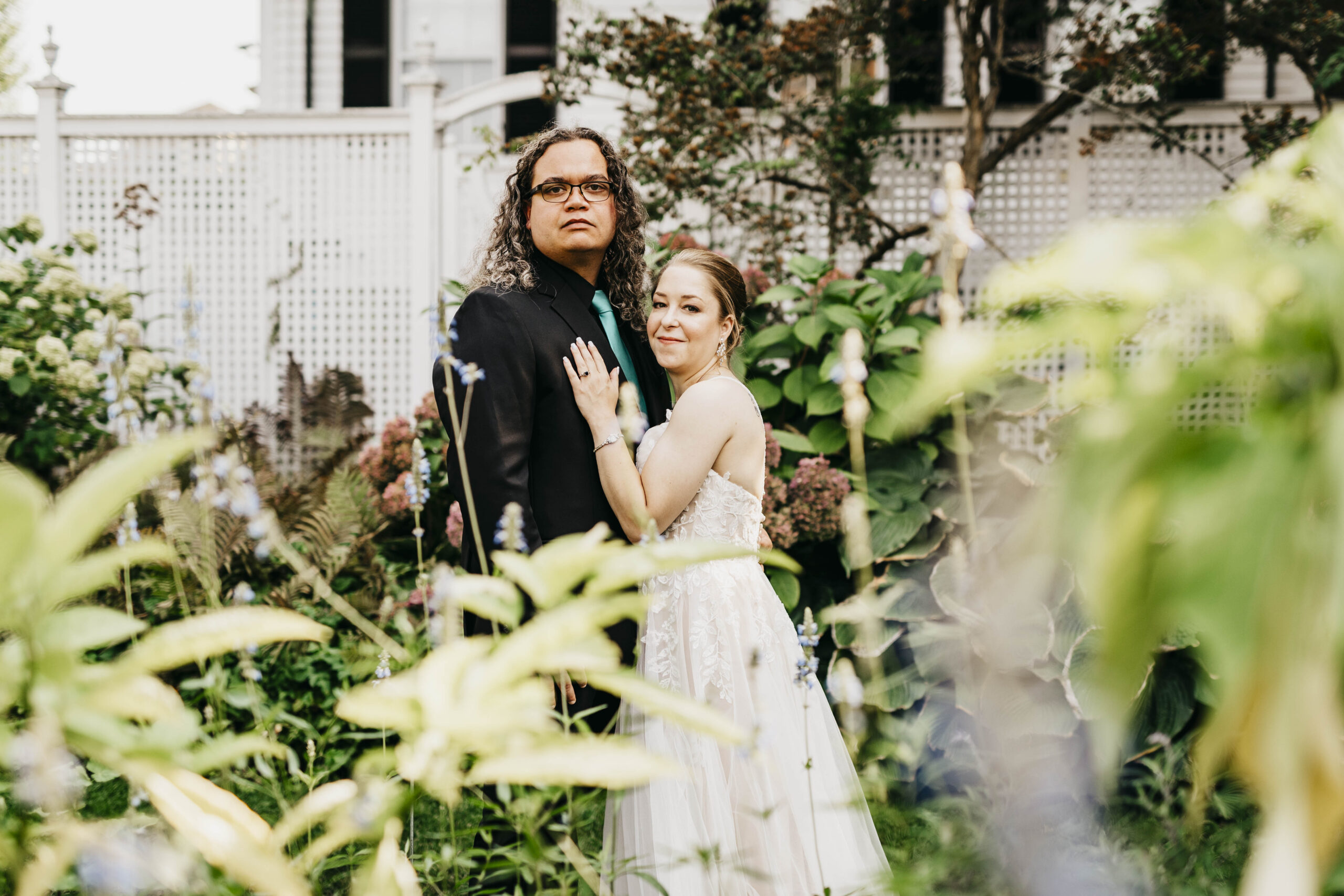 bride and groom in the ropes mansion and garden in salem massachusetts